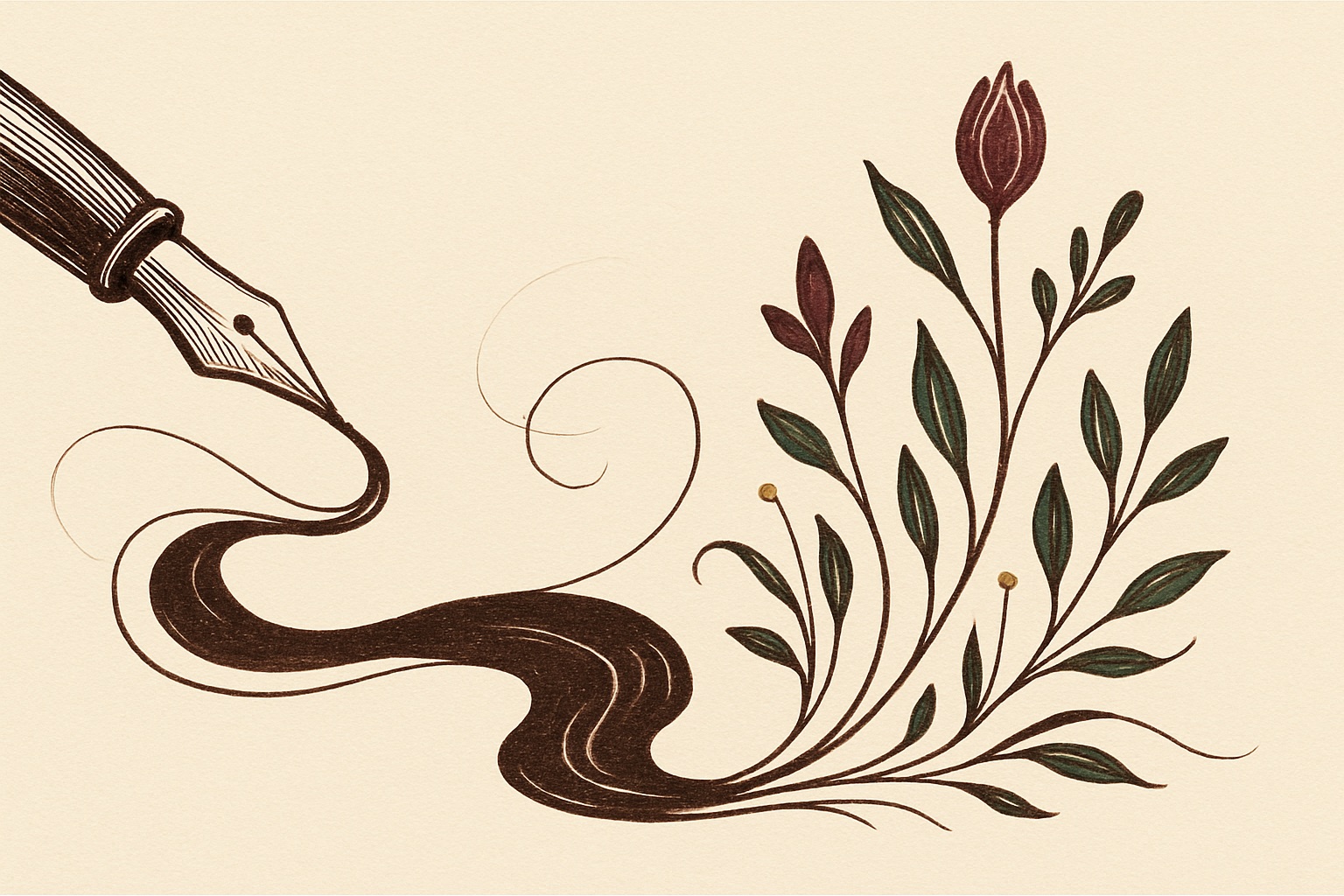 Ink illustration: a fountain pen pours a river of ink that becomes a rising garden of stylized plants