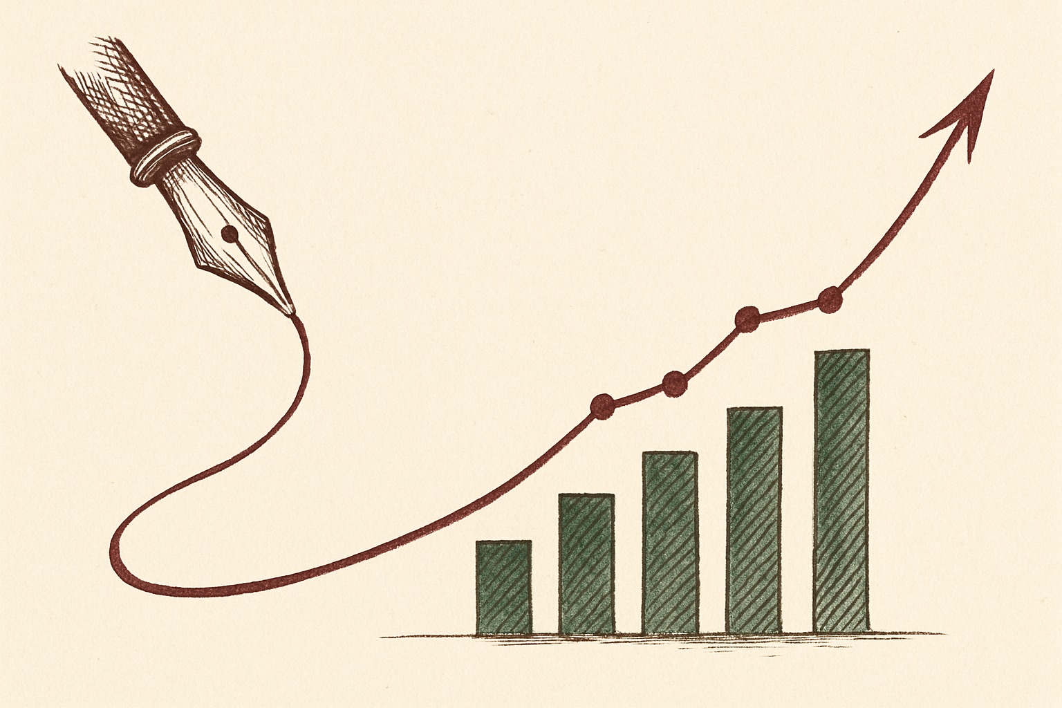 Ink illustration: a fountain pen draws a stroke that becomes a rising analytics chart with growing bars