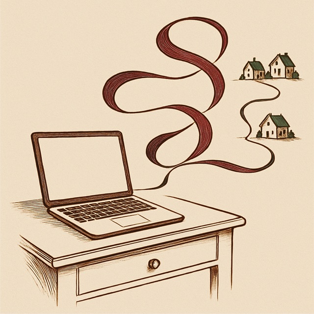 Sample article artwork: an onboarding scene drawn in flowing ink on bone paper
